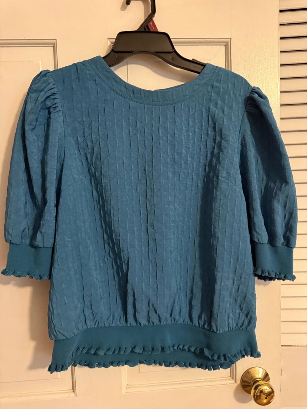 Textured Teal Puff-Sleeve Blouse with Ruffle Hem